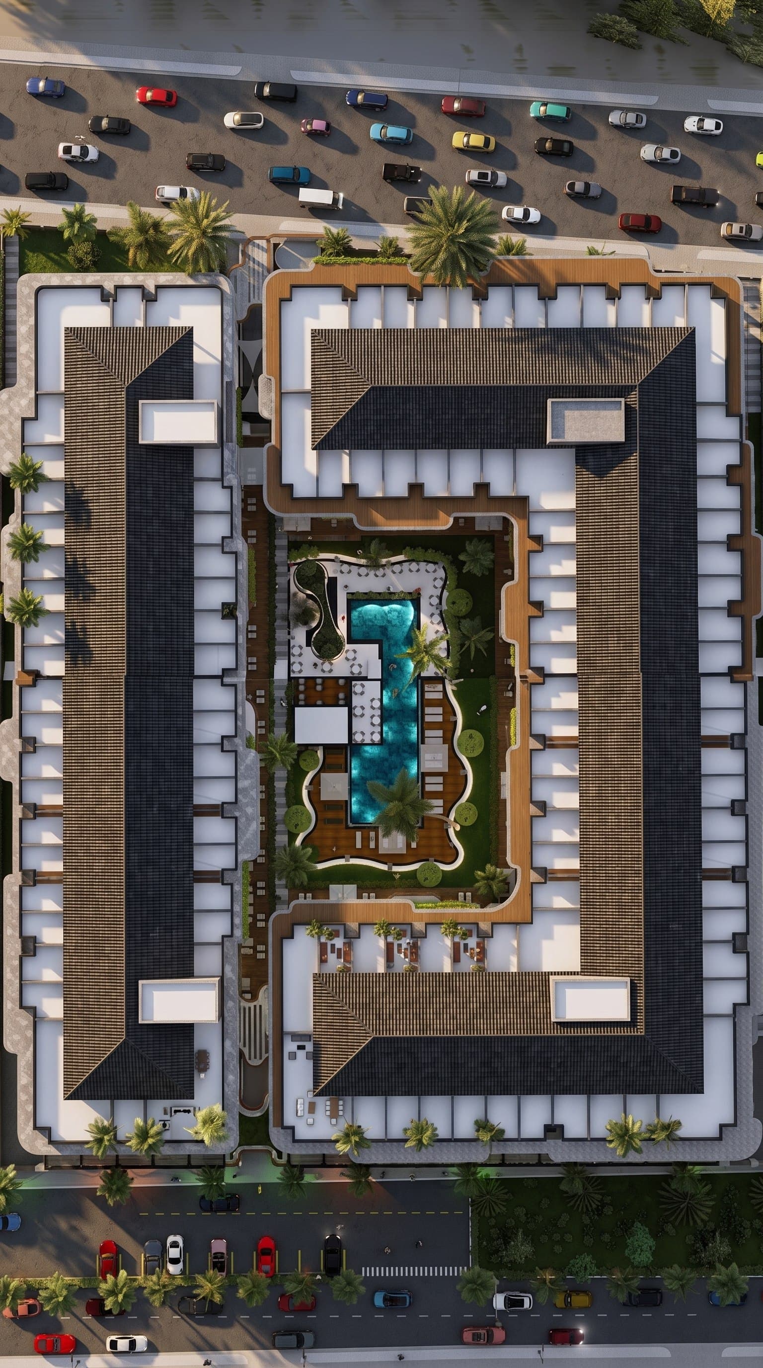 Yatay mimari — araziye yayılan alçak katlı bloklar, kuşbakışı